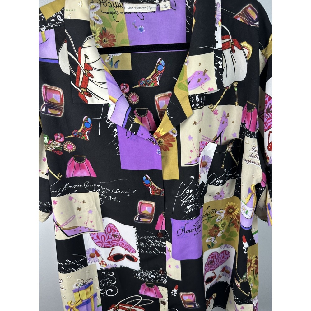 Susan Graver XL Womens Top Button Short Sleeve Girly Makeup Patch Design Colors - Picture 12 of 13